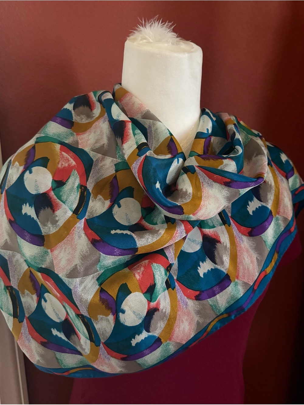 Elaine Gold Abstract Multicolor Silk Scarf - Teal, Mustard & Purple